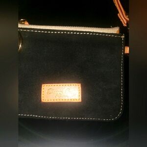 Dooney & Bourke Black Suede Wristlet with tan Leather Strap Vintage.